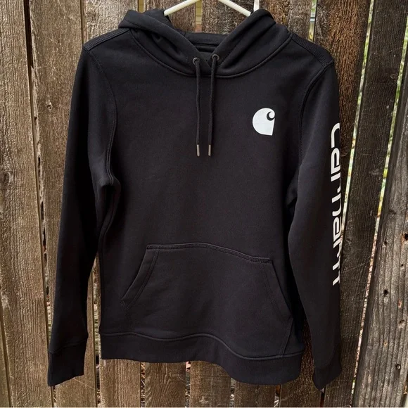 Carhartt Wm’s Relaxed Fit Logo Sleeve Fleece Hoodie NWOT In Black Sz S(4-6) - Picture 7 of 13